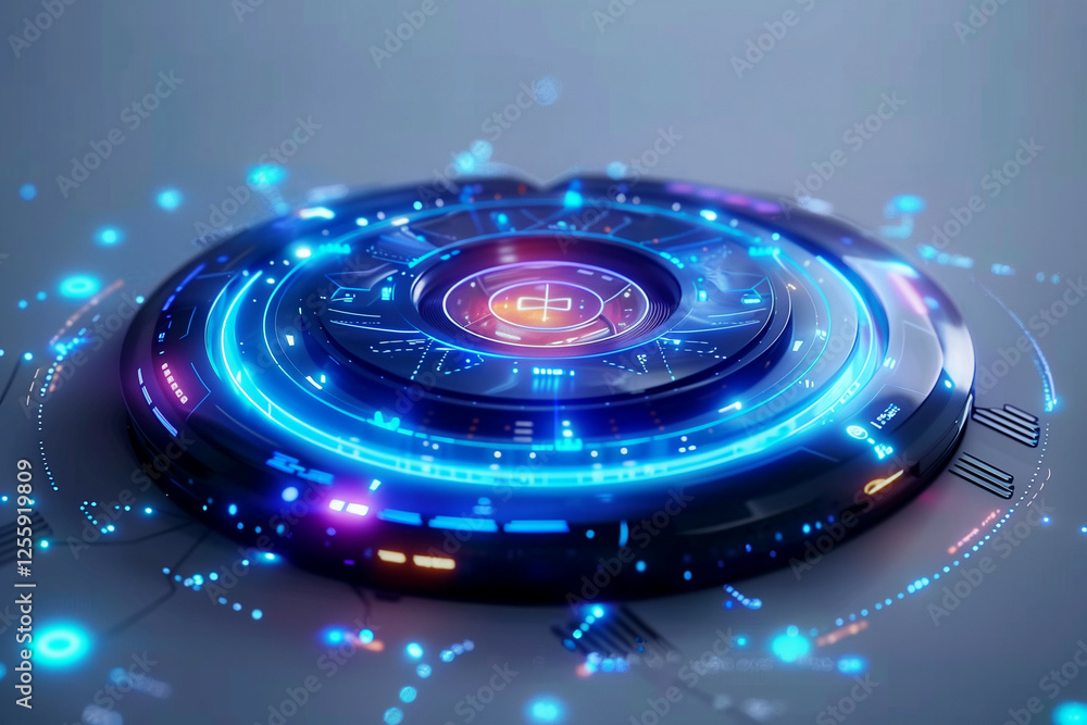 Poster a futuristic digital device with a glowing blue interface on a sleek surface, surrounded by illumina