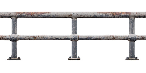 Naklejka premium This image shows a close-up view of a section of metal railing with visible rust and peeling paint, indicating its age and weathered condition.