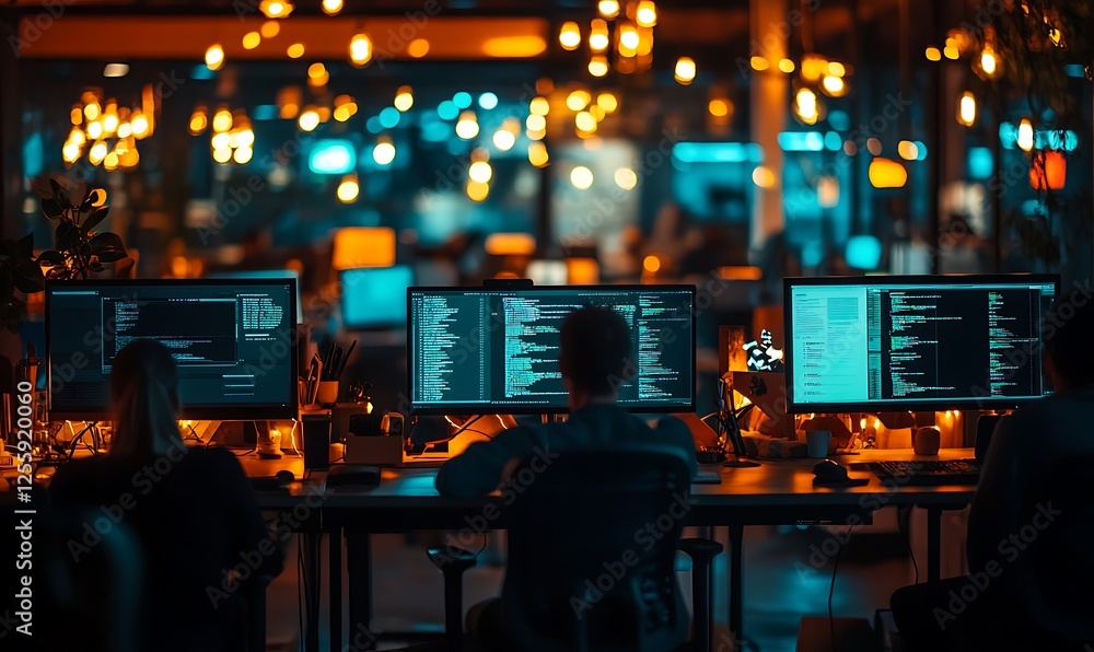 Poster programmers working late at night in a brightly lit office, focused on their computer screens displa