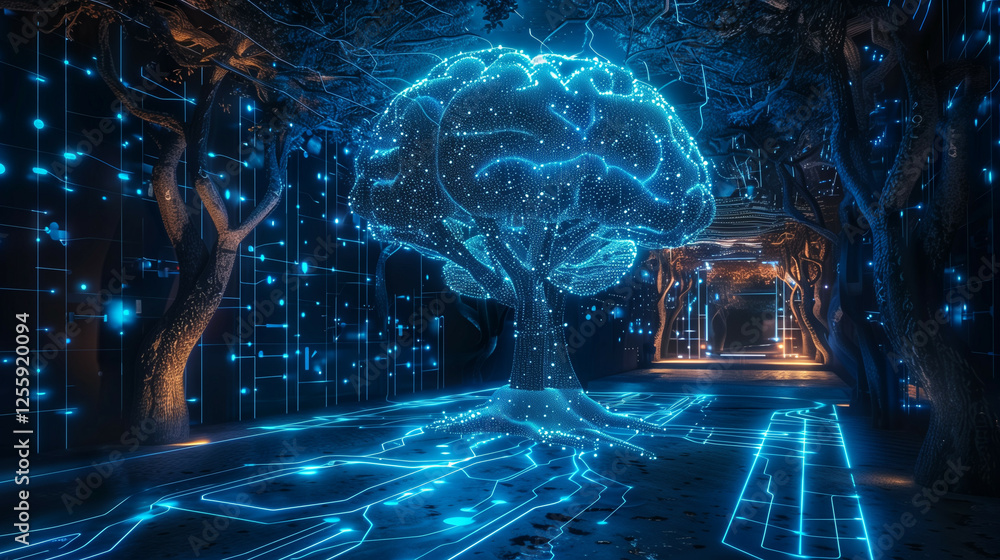 Wall mural futuristic digital forest with glowing neurological tree and interactive ground pathways