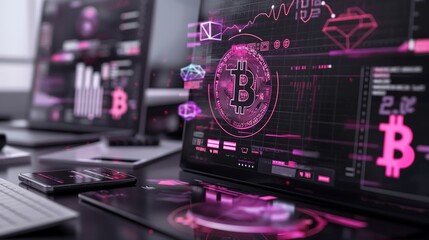 A high-tech office with digital business reports, cryptocurrency market trends, and blockchain security symbols appearing as floating AR holograms.