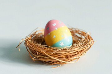 colorful Easter egg in a minimalist nest. Delicate patterns, a stars, adorn the egg, perfect for holiday and springtime concepts
