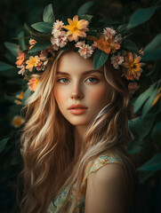 Young woman with spring flower wreath on her head, smiling, surrounded by green foliage