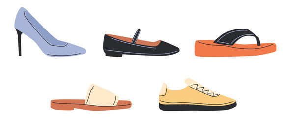 Various Shoes icons collection. Boots, sport shoes, sneaker, hiking footwear and other shoes for training.