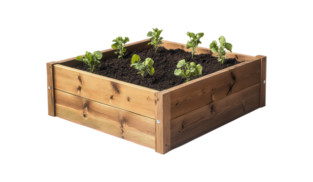 Raised garden bed filled with soil and young plants
