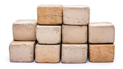 Stacked Neutral-Toned Concrete Bricks with Textured Surface on a Clean White Background
