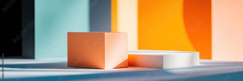 Poster coral cube and white rectangular prism on multicolored background