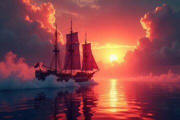Fototapeta premium Fiery-sky backdrop; luminous ship sails on smoke-wreathed water , travel, horizon, adventure