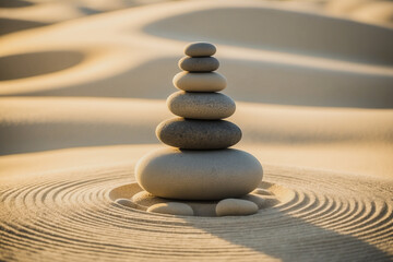 Zen Stones of varying sizes, meticulously stacked on top of each other with swirling patterns of lines into the fine, golden sand around the base. Spa, balance, meditation