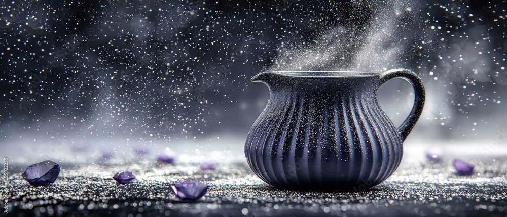 Poster black pitcher surrounded by sparkling dust with floating spinel crystals on dark background