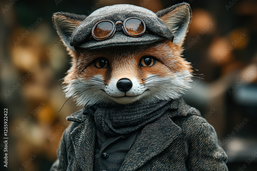 Poster fox wearing a hat and glasses is standing in front of a tree. the fox has a smile on its face and he
