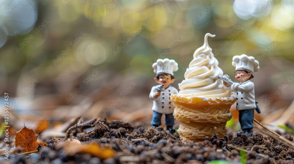 Aufkleber miniature chefs creating a soft-serve ice cream cone in a natural setting.