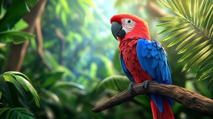 Obraz premium Vibrant Scarlet Macaw Parrot Perched on a Branch Surrounded by Lush Tropical Foliage