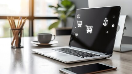 Fototapeta premium Augmented reality holograms projecting online store icons, shopping carts, and e-commerce transaction data above a sleek modern desk.