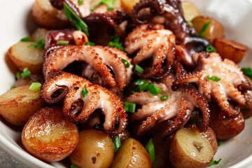 baby grilled octopus with golden baked potatoes and fresh herbs, Maltese cuisine, homemade, no people,