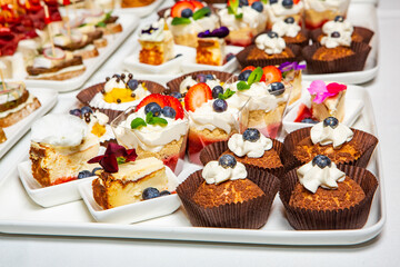 Catering buffet or service with different snacks, appetizers and canapes on a table. Variety of Freshly Prepared Catering Food for an Event.