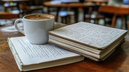 Coffee, notebooks, cafe, studying, background blur, education