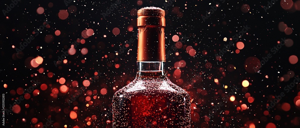 Aufkleber elegant bottle of cognac surrounded by ruby dust with black background and floating bokeh light effe