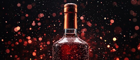 Fototapeta premium Elegant Bottle of Cognac Surrounded by Ruby Dust with Black Background and Floating Bokeh Light Effects