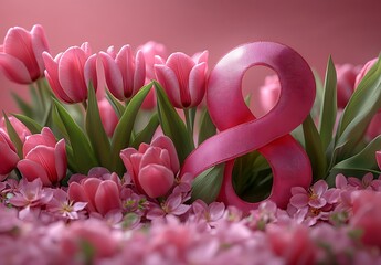 Pink Number 8 with Blooming Tulips on a Soft Pink Background