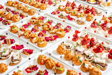 Catering buffet or service with different snacks, appetizers and canapes on a table. Variety of Freshly Prepared Catering Food for an Event.