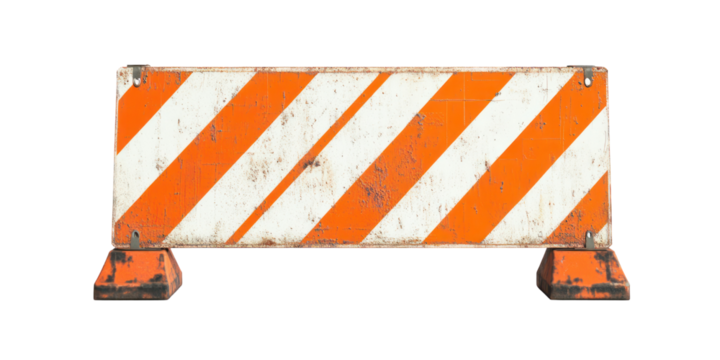 The image features a close-up of a weathered road construction barrier, striped in orange and white diagonally.