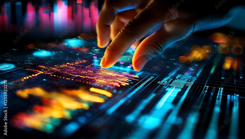 Poster close-up of fingers interacting with a futuristic, vibrant digital interface displaying dynamic data