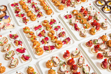 Catering buffet or service with different snacks, appetizers and canapes on a table. Variety of...