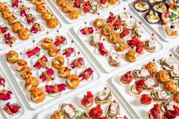 Catering buffet or service with different snacks, appetizers and canapes on a table. Variety of Freshly Prepared Catering Food for an Event.