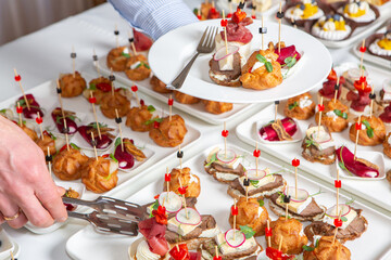 Catering buffet or service with different snacks, appetizers and canapes on a table. Variety of Freshly Prepared Catering Food for an Event.