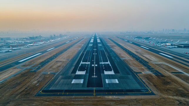 Tarmac airport runway, Aerial view of busy airport runway at sunrise with planes lined up on both sides.