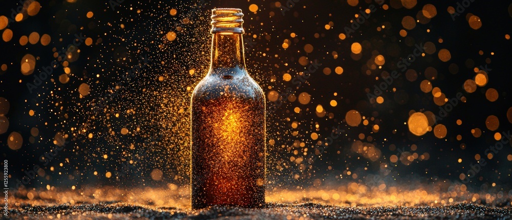 Poster onyx dust dancing around a mead bottle in a black background with a magical glow and sparkling bokeh