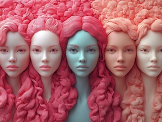 Dolls with Intricate Pink Hairstyles Against a Soft Blue Background