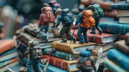 Naklejka premium Miniature hikers navigate a stack of books, symbolizing exploration and knowledge.