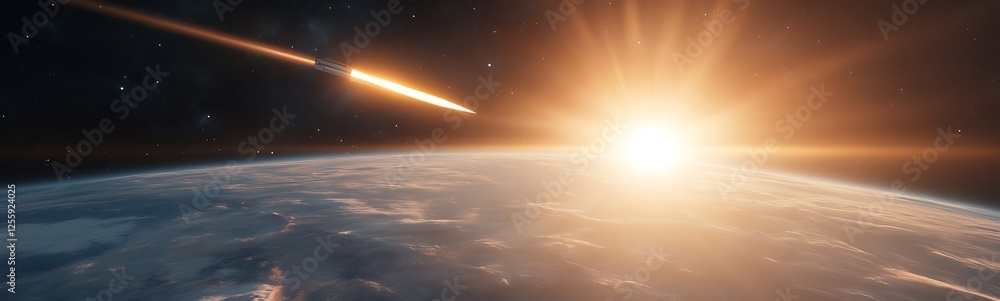Poster a stunning view of earth with a comet streaking across the sky as the sun rises, creating a breathta