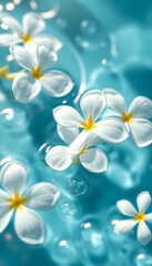 white flowers on the water with highlights and drops. the concept of care and cleansing, sticker style. with white shades