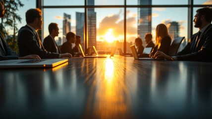 A diverse team of executives engaged in a strategic discussion in a modern boardroom. Generative AI