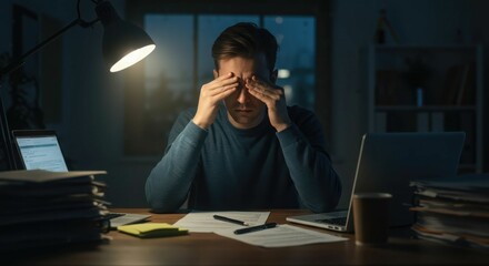 Young caucasian adult male stressing over work at night in home office setting