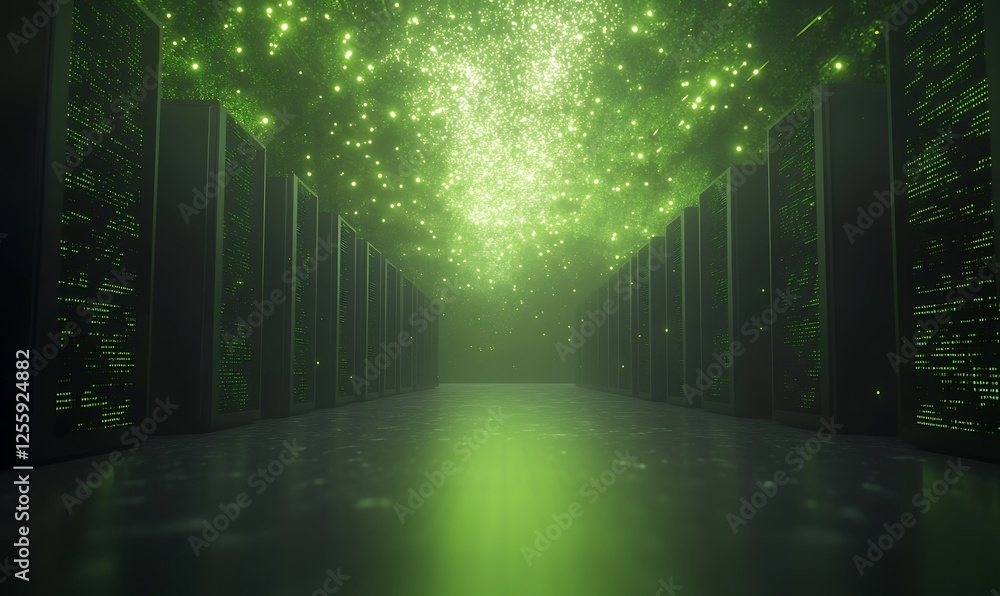 Poster A futuristic, green-lit corridor filled with glowing particles, creating an ethereal atmosphere resembling a digital network or data center.