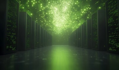 A futuristic, green-lit corridor filled with glowing particles, creating an ethereal atmosphere resembling a digital network or data center.