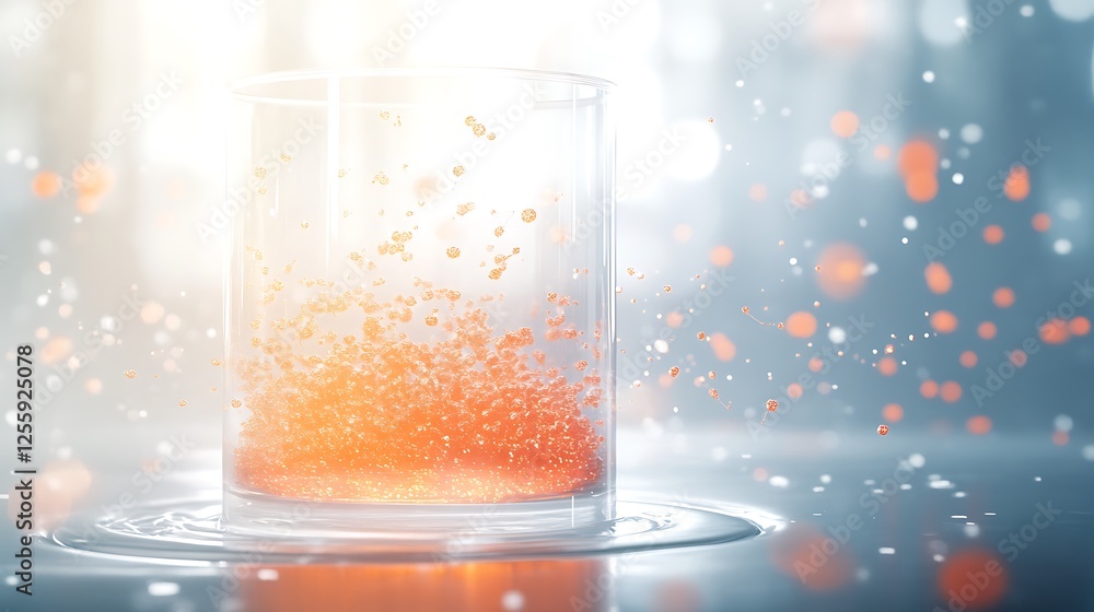 Poster A luminous glass containing vibrant orange particles, illuminated by soft light, creating a mesmerizing, ethereal effect.