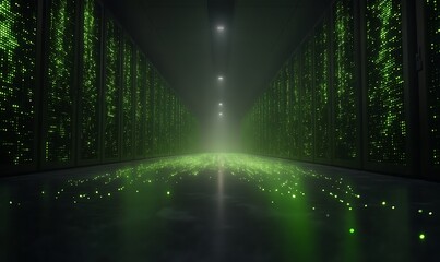 A futuristic data center illuminated by vibrant green lights, creating a mysterious and technological atmosphere.