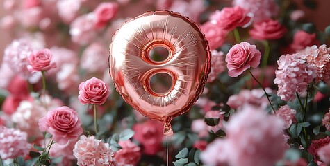 Rose Gold Number 8 Balloon with Pink Roses and Pastel Flowers