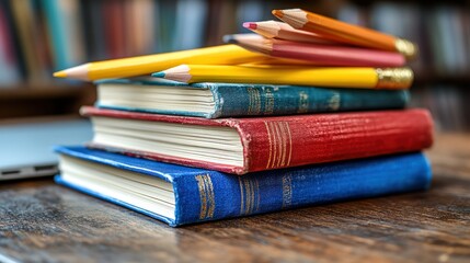Colorful pencils on books, library background, studying