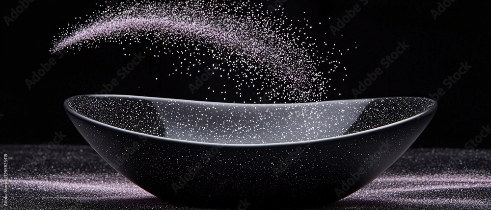 Poster elegant black bowl with kunzite glitter on dark background displaying artistic flow of sparkling par