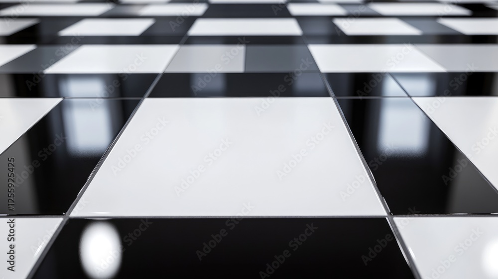 Poster black and white checkerboard pattern with reflections on surface
