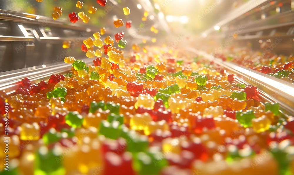 Leinwandbilder A vibrant cascade of colorful gummy candies spills across a shiny surface, illuminated by soft light, creating a playful and appetizing scene.