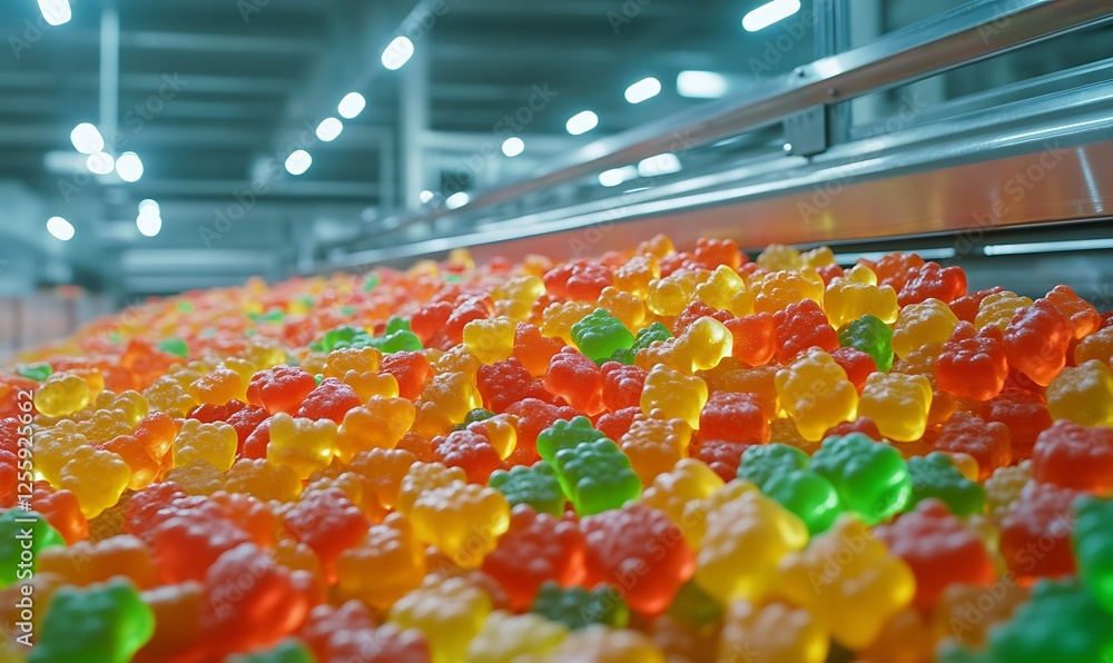 Poster A vibrant array of colorful gummy bears on a conveyor belt in a factory setting, showcasing their shiny, gelatinous texture.