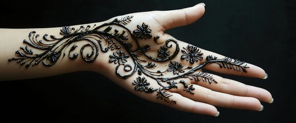 Fototapeta premium Mehndi design with flowing vine motifs and small flowers on hand
