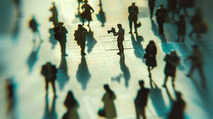 A bustling urban scene with silhouettes of people casting long shadows on the ground.